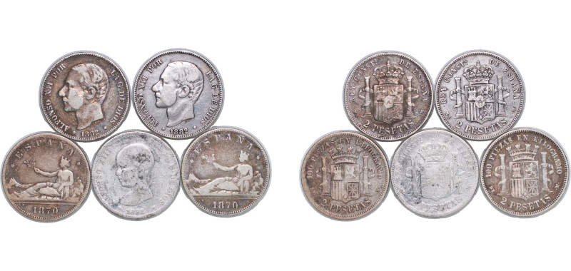 Spain 1870 - 1892 2 Pesetas (5 Coins, weight all 48.9gr) Silver (.835) Madrid Mi...