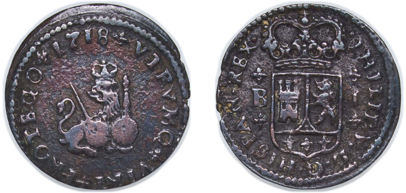 Spain Kingdom 1718 B 1 Maravedi - Philip V Copper La Seca Mimt 2.35g VF KM 301