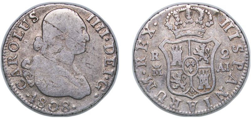 Spain Kingdom 1808 M AI 2 Reales - Charles IV Silver (.806) Madrid Mint 5.84g XF...