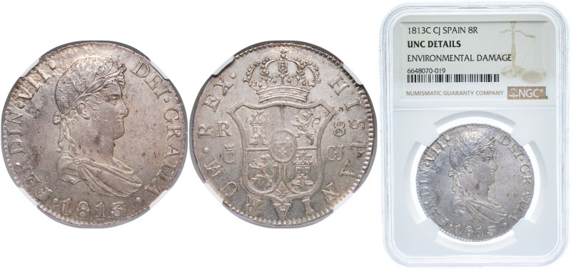 Spain Kingdom 1813 C CJ 8 Reales - Ferdinand VII (2nd portrait) Silver (.903) Tr...