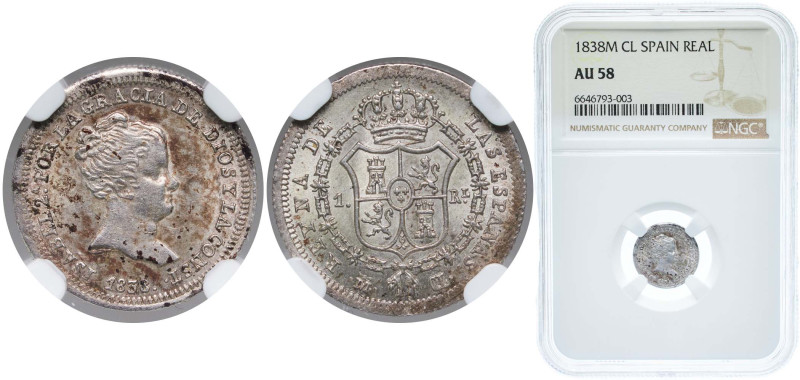 Spain Kingdom 1838 M CL 1 Real - Isabel II (1st portrait) Silver (.812) Madrid M...