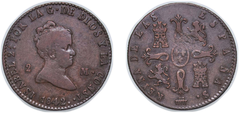 Spain Kingdom 1842 2 Maravedis - Isabel II Copper Segovia Mint 2.16g VF KM 532