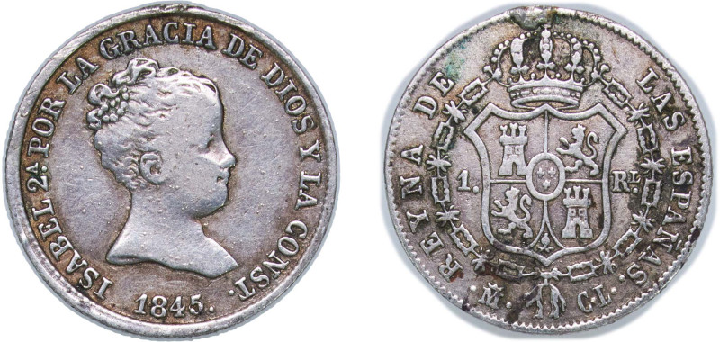 Spain Kingdom 1845 M CL 1 Real - Isabel II (1st portrait) Silver (.812) Madrid M...