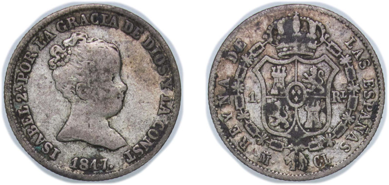 Spain Kingdom 1847 M CL 1 Real - Isabel II (1st portrait) Silver (.812) Madrid M...