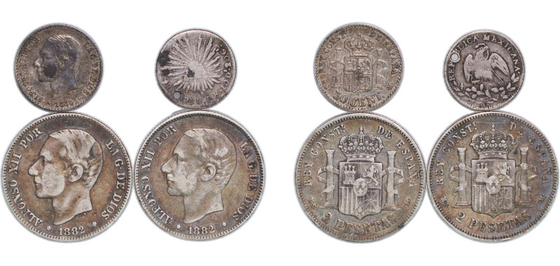 Spain Kingdom 1851 - 1882 Coinage (3 coins Alfonso XII and 1 Guanajuato 1/2 Real...