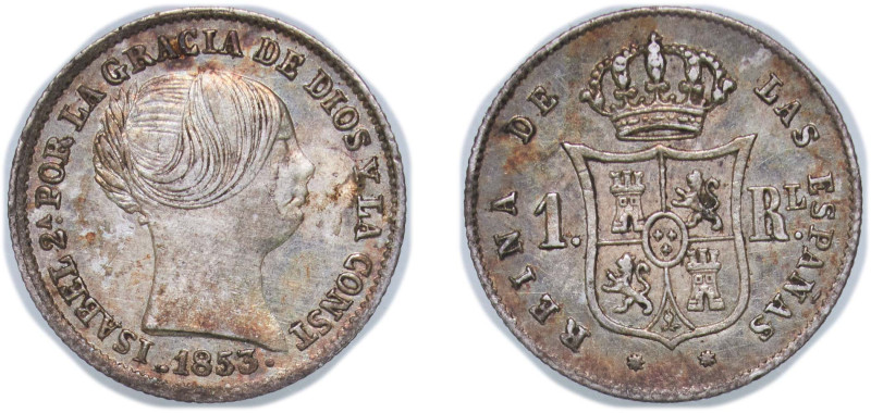 Spain Kingdom 1853 1 Real - Isabel II Silver (.900) Barcelona Mint 1.23g XF KM 5...