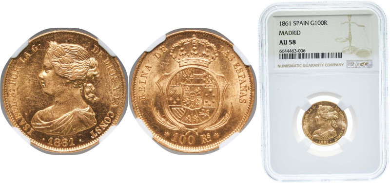 Spain Kingdom 1861 100 Reales - Isabel II Gold (.900) Madrid Mint 8.3g NGC AU 58...