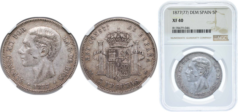 Spain Kingdom 1877 *19-77 DEM 5 Pesetas - Alfonso XII (2nd portrait) Silver (.90...