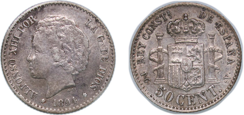 Spain Kingdom 1894 *9-4 PGV 50 Centimos - Alfonso XIII (2nd portrait) Silver (.8...