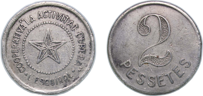 Spain ND 2 Pesetas - L' Esquirol Cooperaitiva la Activitat Obrera Nickel 6.15g V...