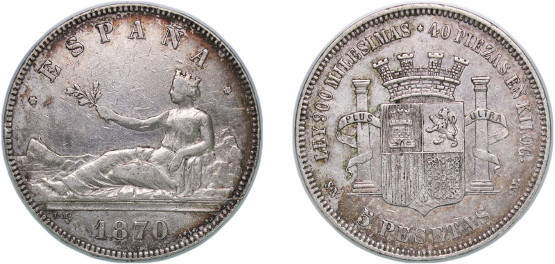 Spain Provisional Government 1870 *18-70 SNM 5 Pesetas Silver (.900) Madrid Mint...