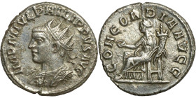 Philip I (244-249 AD). Antioch mint. AR antoninianus. Obv.: IMP M IVL PHILIPPVS AVG; bust of Philip the Arab, radiate, cuirassed, left. Rev.: CONCORDI...