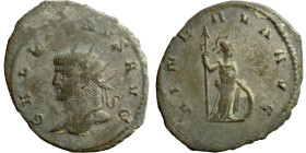 Gallienus (253-268 AD). Uncertain mint. Antoninianus. Obv.: Radiate head l. Rev.:  Minerva standing r., holding spear and shield.