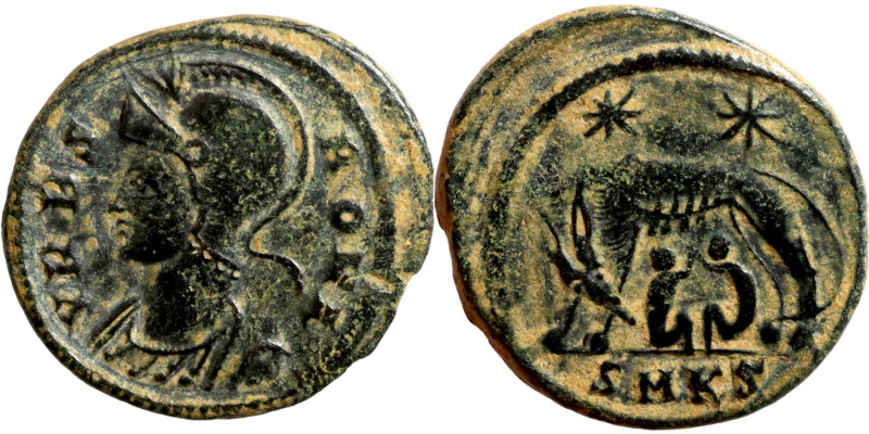 Constantinus I (306-337) Commemoratives Follis. Obverse: VRBS ROMA, laureate, he...