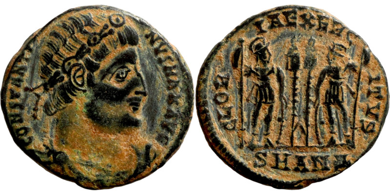 Constantinus I (306-337) Follis. Obverse: CONSTANTI-NVS MAX AVG, diademed, drape...