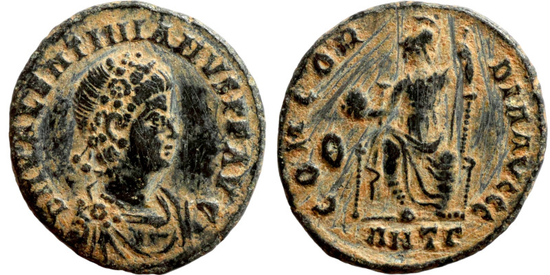 Valentinian II (375-392) Follis. Obv: DN VALENTINIANVS PF AVG, diademed, draped,...