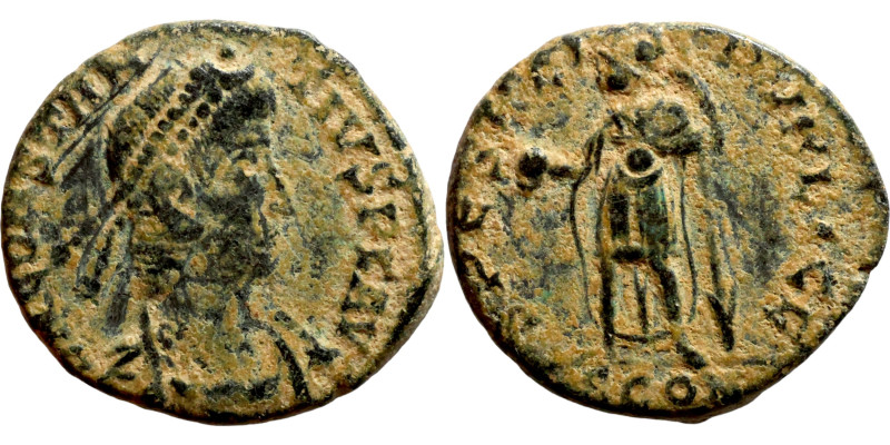 Constantius II (337-361) follis. Obv: DN CONSTAN-TIVS PF AVG, pearl-diademed, dr...