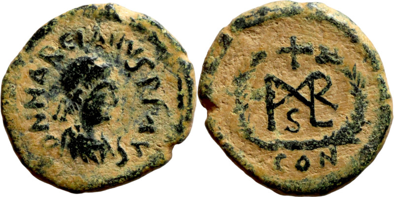 Marcian, 450-457. Nummus. D N MARCIANVS P F AV Diademed, draped and cuirassed bu...