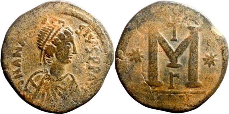 Anastasius I (491-518) Follis. Antioch. Obverse: DN ANASTASVS PP AVG diademed, d...