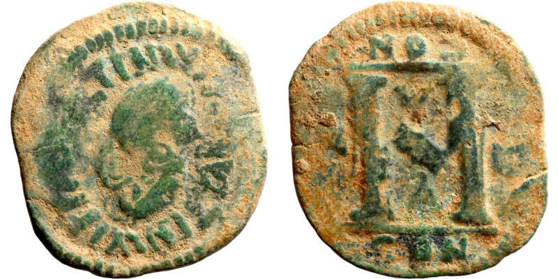 Justinian I (527-565) Follis.. Obverse: D N IVSTINIANVS PP AVG, diademed, draped...