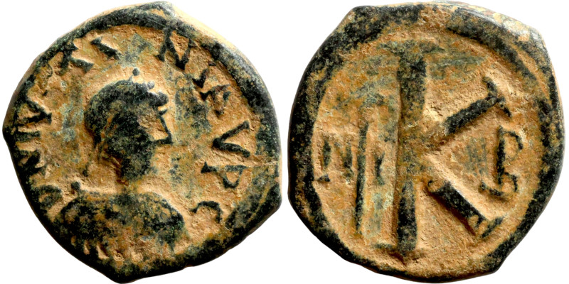 Justinian I (527-565). Half Follis.. Obverse: :D N IVSTINIAN PP AVGG, diademed b...