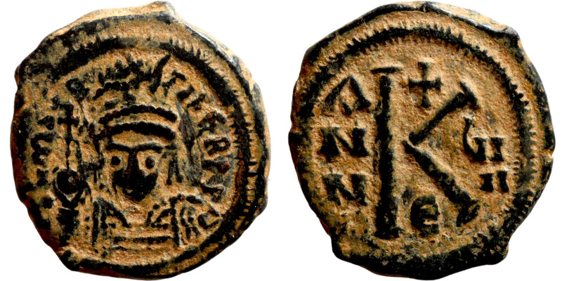 Maurice Tiberius (582-602) Half Follis.  Obverse: D N TIb mAVRC P P AVC Armoured...