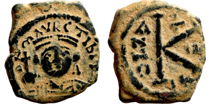 Maurice Tiberius,(582-602), Half Follis. Constantinople. Obverse: D N TIb mAVRC ...