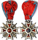 Romania, Carol II Order of the Crown of Romania, n.d., Class IV Officer. WWI. Total sizes: 45x43 mm ca. Ag. Chipped enamels Sword hilt bent, VF