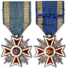 Romania, Carol II Order of the Crown of Romania, n.d., Class V Knight. WWI. Total sizes: 45x43 mm ca. Ag. Chipped enamels Sword hilt bent, XF