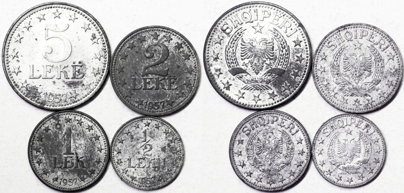 Albania, Lot 4 pcs. 5 Leke 1957. 2 Leke 1957. 1 Lek 1957. 1/2 Leku 1957. Zn.