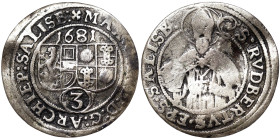 Austria, Maximilian Gandolph Von Künburg 3 Kreuzer, 1681, Salzburg, Ag. 1,41 g, KM 228, F