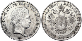 Austria, Ferdinand I 20 Kreuzer, 1843, Milan, Ag.583 6,68 g, Frühwald 823, VF+