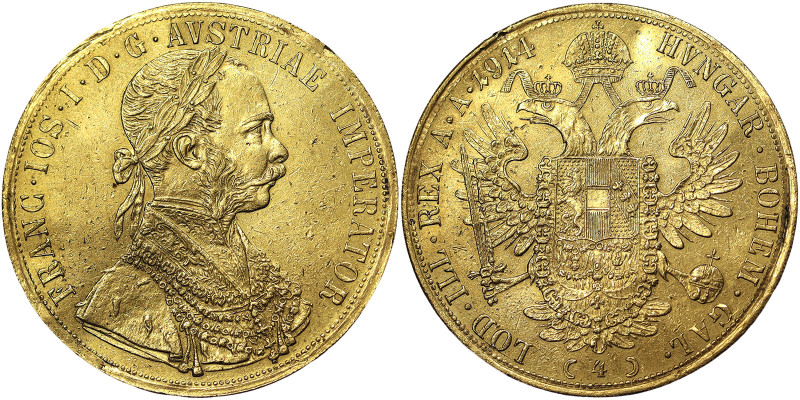 Austria, Franz Joseph I 4 Ducats, 1914, Vienna, Au.986 13,92 g, Mount mark, Früh...