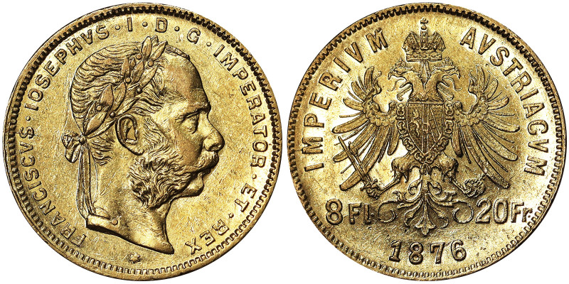 Austria, Franz Joseph I 8 Gulden (20 Francs), 1876, Vienna, Au.900 6,45 g, Frühw...