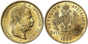 Austria, Franz Joseph I 8 Gulden (20 Francs), 1888, Vienna, Au.900 6,45 g, Frühwald 1322, A.UNC
