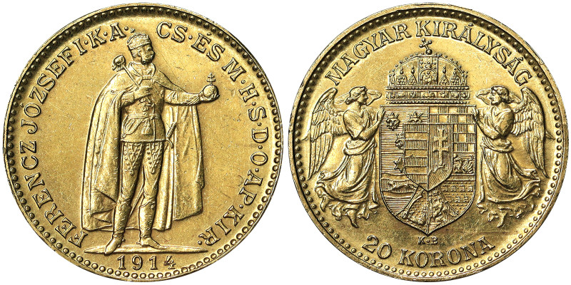 Austria, Franz Joseph I 20 Korona, 1914, Kremnitz, Au.900 6,78 g, Rare, Frühwald...