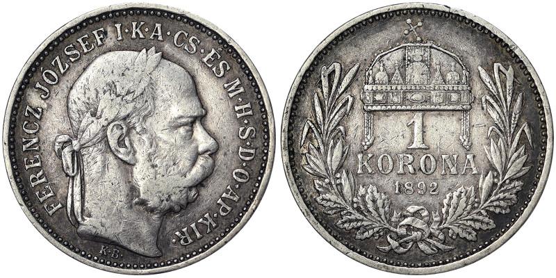 Austria, Franz Joseph I 1 Korona, 1892, Kremnitz, Ag.835 5,00 g, Frühwald 2114, ...