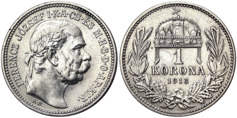 Austria, Franz Joseph I 1 Korona, 1913, Kremnitz, Ag.835 5,00 g, Rare, Frühwald ...