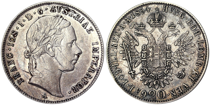 Austria, Franz Joseph I 20 Kreuzer, 1854, Vienna, Ag.900 4,32 g, Frühwald 1567, ...