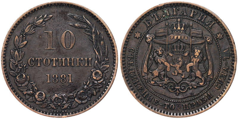 Bulgaria, Alexander I 10 Stotinki, 1881, Heaton, Cu. 10,00 g, KM 3, VF+