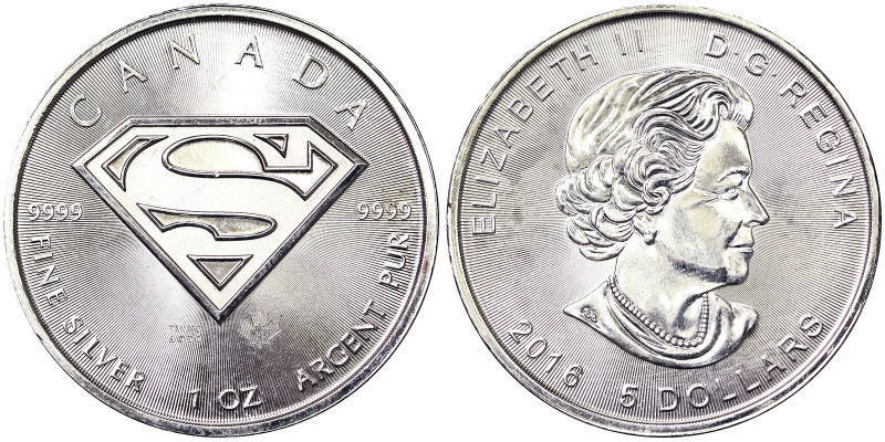 Canada, Elizabeth II 5 Dollars, 2016, Superman. Ag.999 1 Oncia / 1 Oz, KM-, UNC