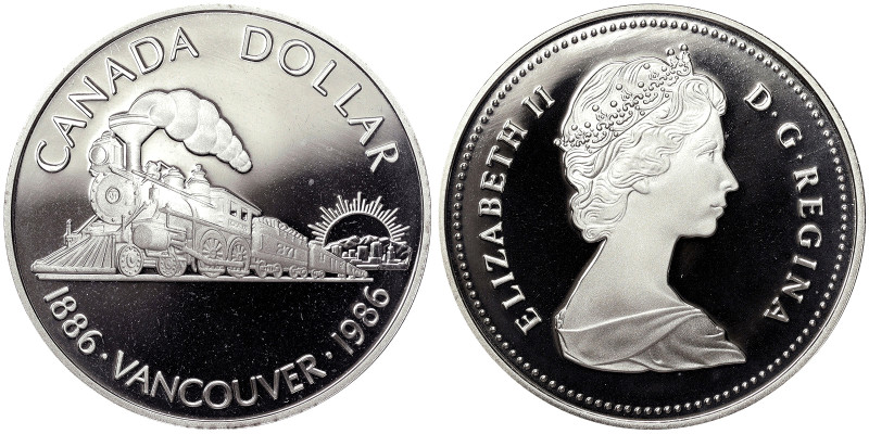 Canada, Elizabeth II 1 Dollar, 1986, Centenary of Vancouver, train. Ag.500 23,33...