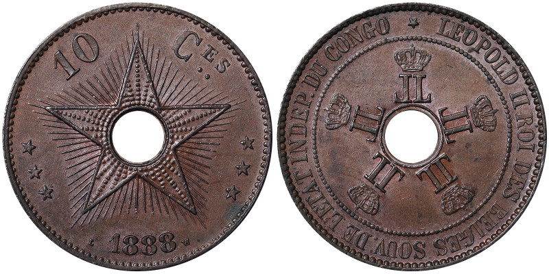 Congo, Leopold II 10 Centimes, 1888, Cu. 20,00 g, KM 4, A.UNC