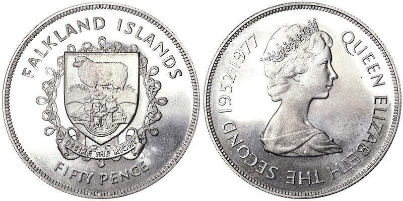 Falkland Islands, Elizabeth II 50 Pence, 1977, 25th Anniversary of the Accession...