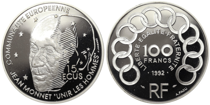 France, 100 Francs, 1992, Paris, Jean Monnet, 15 Ecu. Ag.900 22,20 g, KM 1012, P...