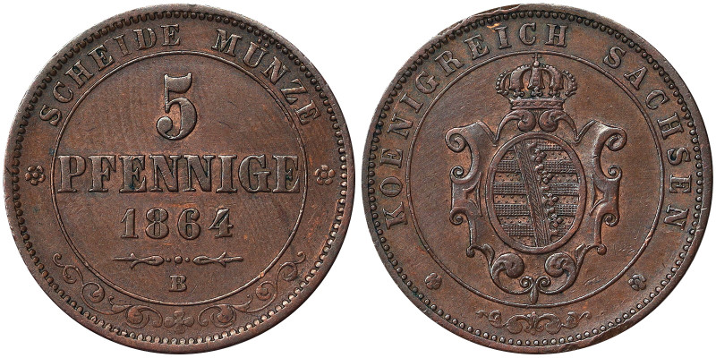 Germany, Johann I 5 Pfennig, 1864, B Dresden, Cu. 7,4 g, KM 1218, VF+