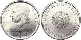 Germany, 5 Reichsmark, 1929, F Stuttgart, Gotthold Ephraim Lessing. Ag.500 25,00 g, Jaeger 336, UNC