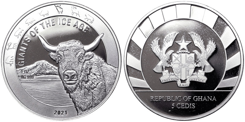 Ghana, Republic, 5 Cedis, 2021, Aurochs. Ag.999 1 Oncia / 1 Oz, KM 161, PROOF