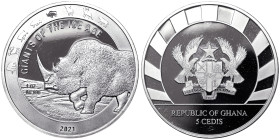Ghana, Republic, 5 Cedis, 2021, Woolly Rhinoceros. Ag.999 1 Oncia / 1 Oz, KM 162, PROOF