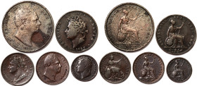 Great Britain, Great Britain, Kingdom, Lot 5 pcs. 1 Penny 1831. 1 Penny 1831. 1/2 Penny 1827. 1 Farthing 1822. 1/2 Farthing 1828.